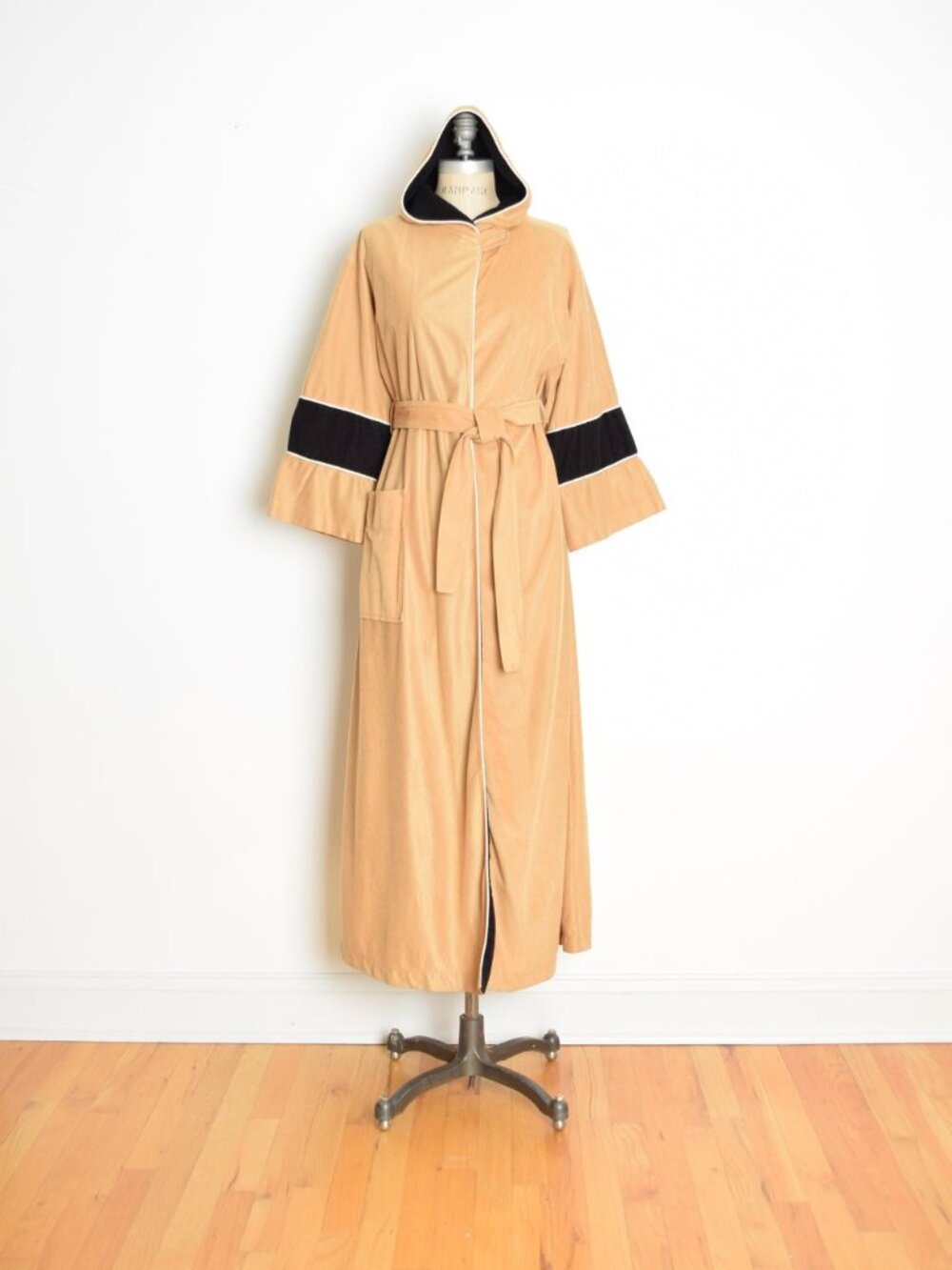 vintage 70s robe David Brown hooded fleece tan striped long wrap bed jacket S M